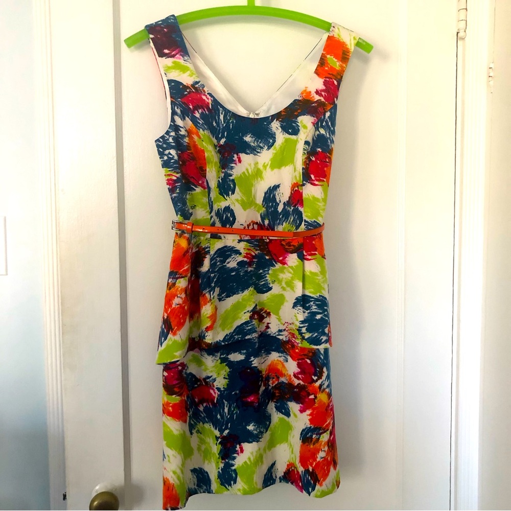 NWT Kensie Dress, multi colored peplum overlay with orange belt sz 4, lined